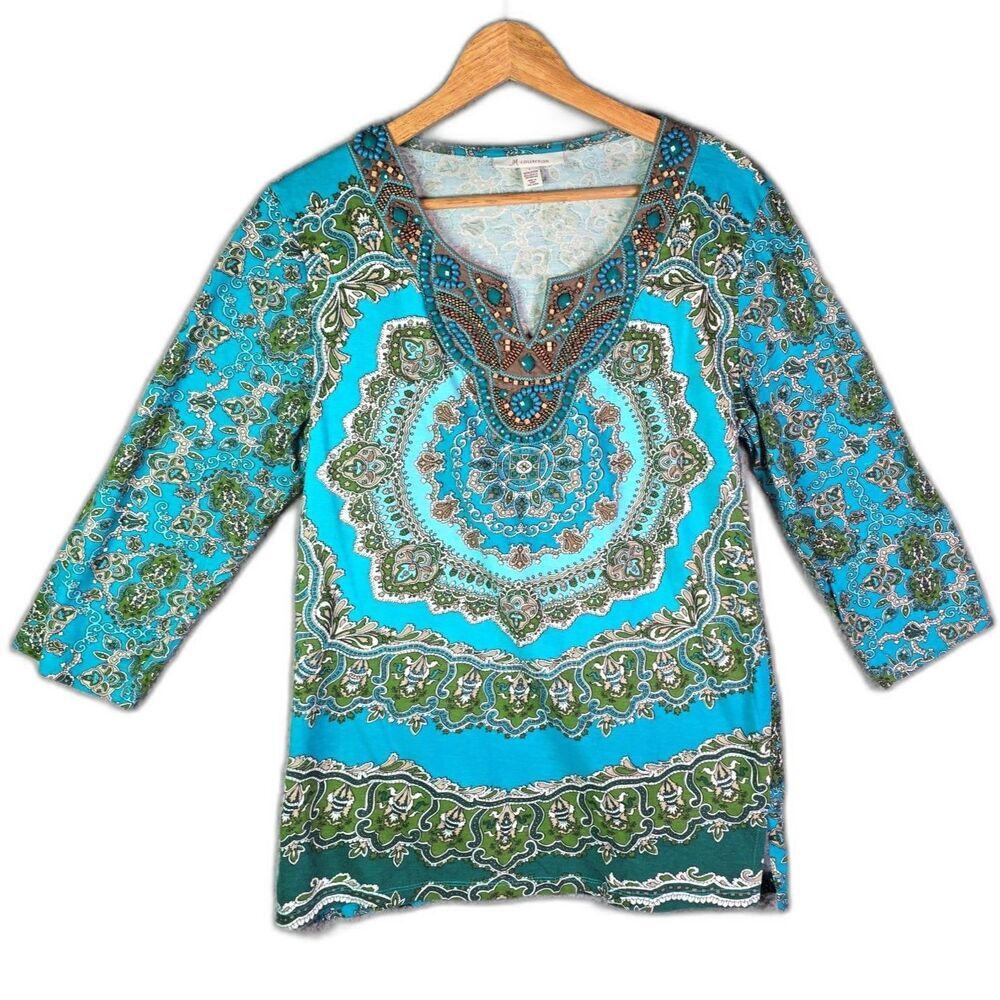 JM Collection Top Turquoise Paisley L Boho Beaded Embroidered Neckline
